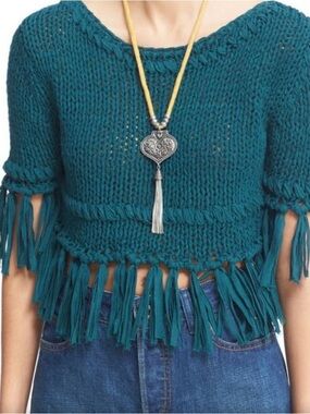 Free People Teal Cropped Fringe Knit Sweater. Small